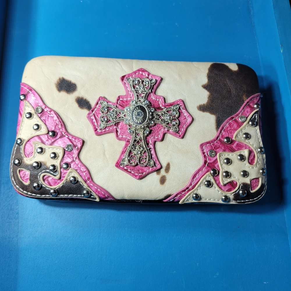 Silver Cross and Rhinestone Pink Clutch Wallet - Picture 1 of 8